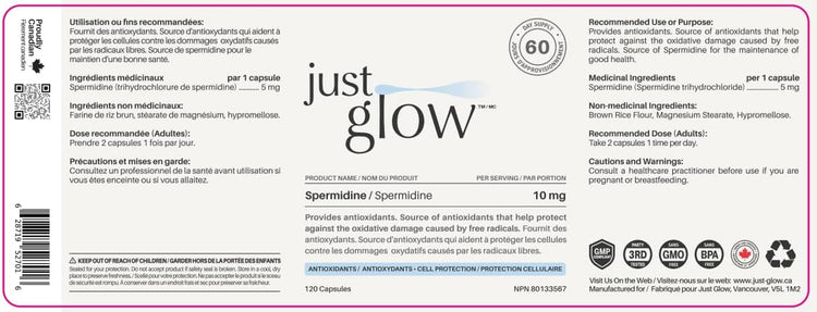 Spermidine Supplement 10Mg 120 Capsules (98% of Spermidine 3HCL - Third Party Tested) for Healthy Aging, Longevity, and Cellular Renewal - Made in Canada