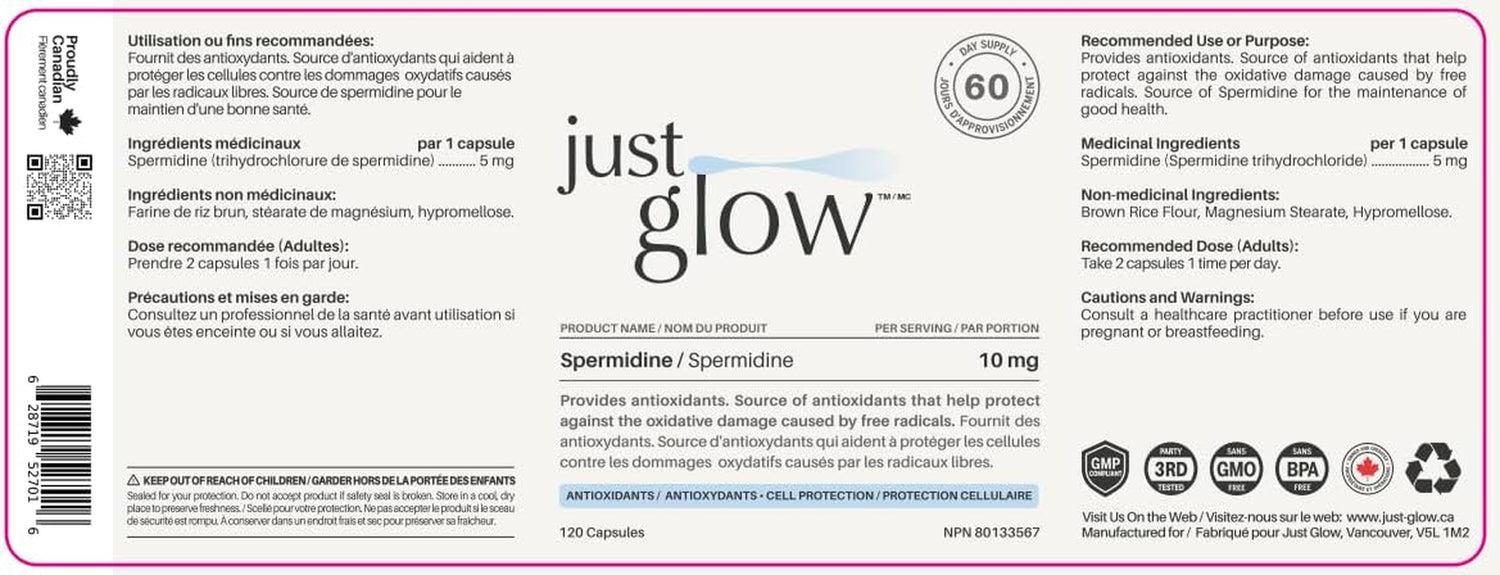 Spermidine Supplement 10Mg 120 Capsules (98% of Spermidine 3HCL - Third Party Tested) for Healthy Aging, Longevity, and Cellular Renewal - Made in Canada