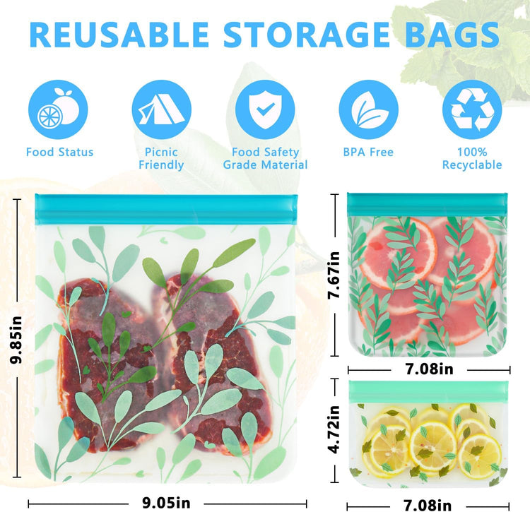 10 Pack Dishwasher Safe Reusable PEVA Food Storage Bags, Leak Proof Reusable Freezer Bags for Food Storage Home Organization Traval & Make-Up BPA FREE for Food Storage Home BPA FREE for Salad Fruit