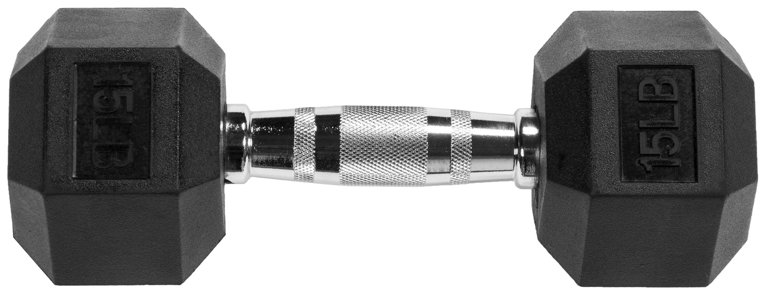 Rubber Encased Hex Dumbbell, 15Lbs, Single
