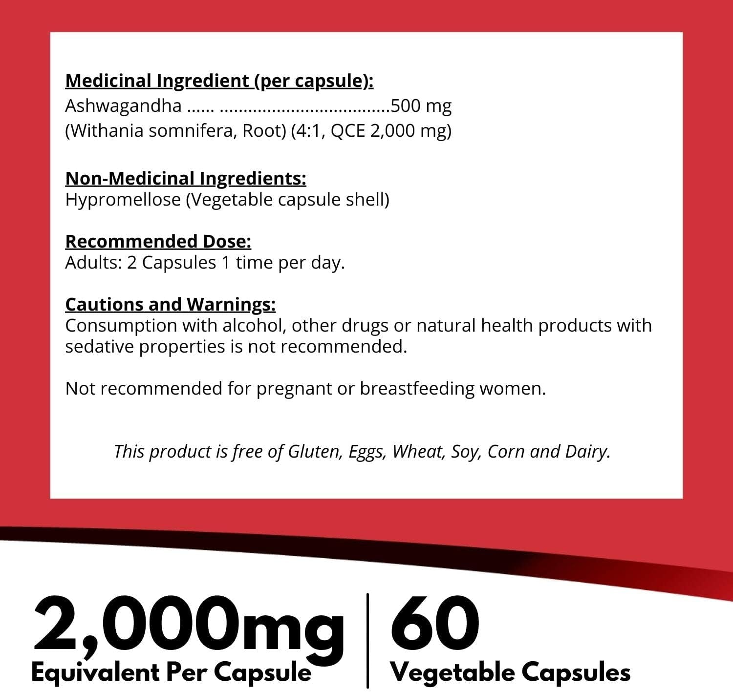 Ashwagandha Supplement 500Mg (2,000Mg QCE), 4X Extra Strength, Non-Gmo, Vegan, Gluten-Free, Soy & Dairy Free (60 Veggie Capsules)